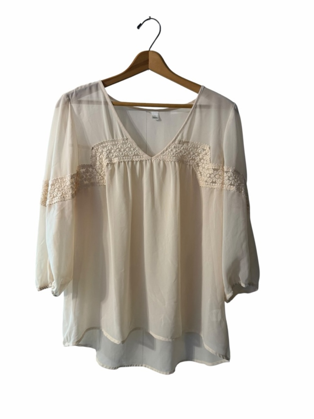 Cream Lace Chiffon Blouse Boho Peasant Top Sheer Womens L